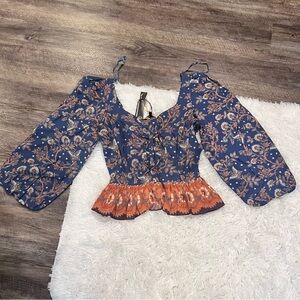 House of Harlow 1960 Smocked Corset Ballon Sleeve Blouse NWT